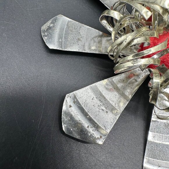 Vintage Christmas Ornament Aluminum Flower Red Button Handmade Mid Century - Picture 6 of 9